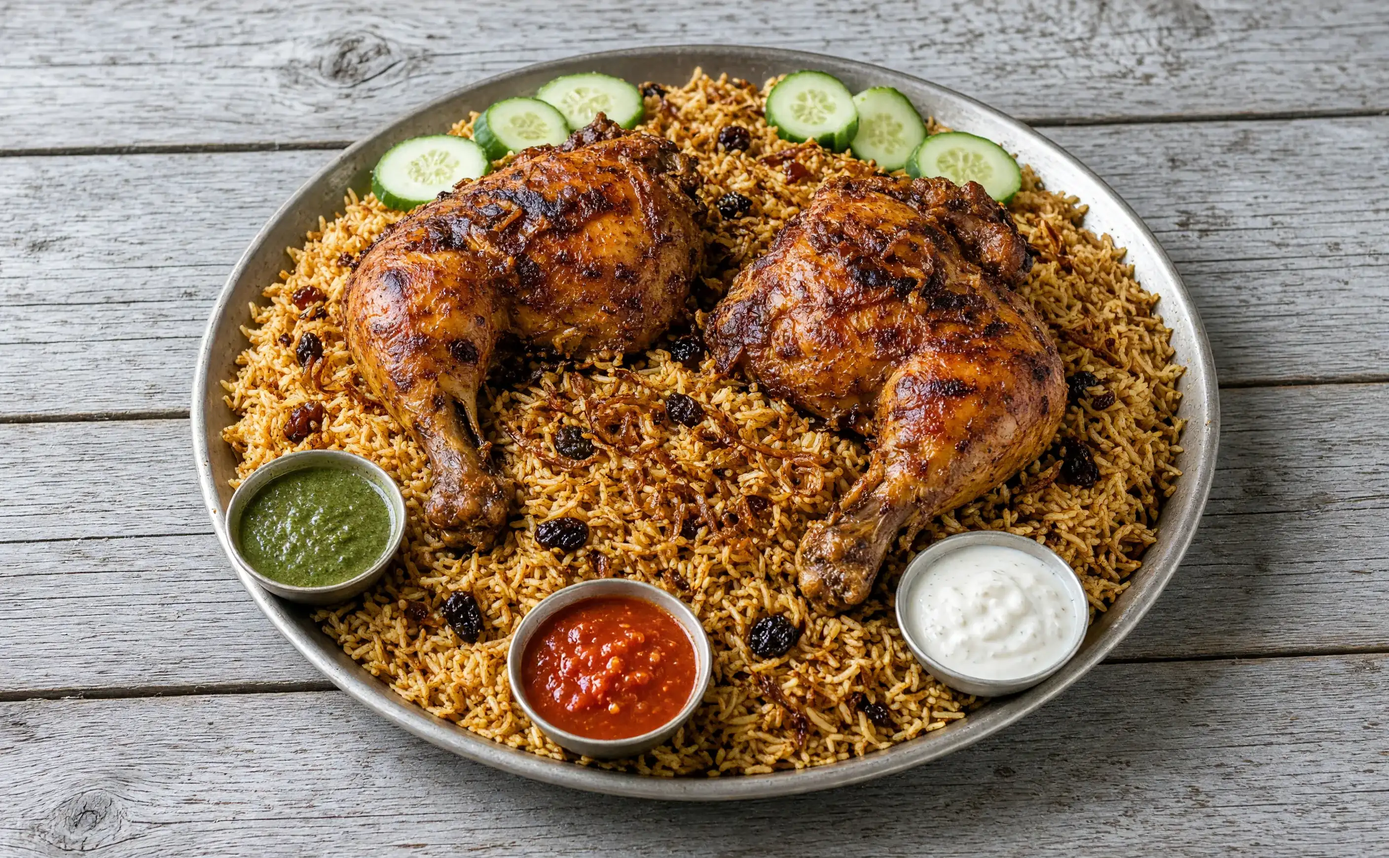Mandi with roasted chicken, chutneys and garlic sauce on a shared platter