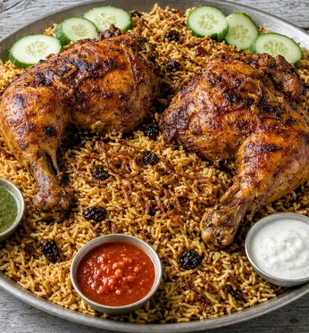 Mandi with roasted chicken, chutneys and garlic sauce on a shared platter
