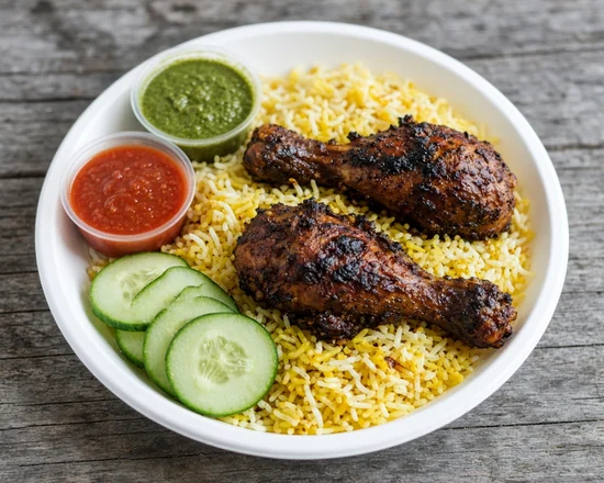Al Fahm Mandi: charcoal-grilled chicken drumsticks on mandi rice with green chutney, red sauce and cucumber