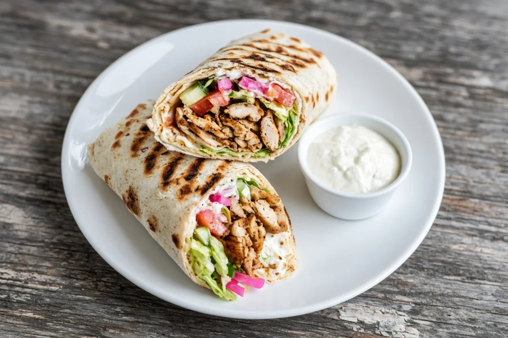 Lebanese Shawarma Roll cut in half with spiced chicken, pickled turnip, tomato, cucumber and garlic sauce
